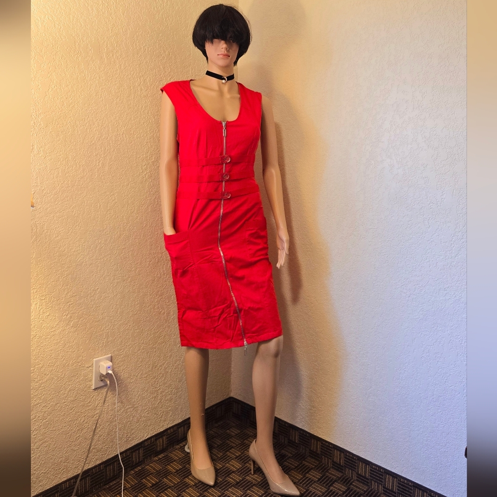 Versace Red Ruched Sheath Midi Dress